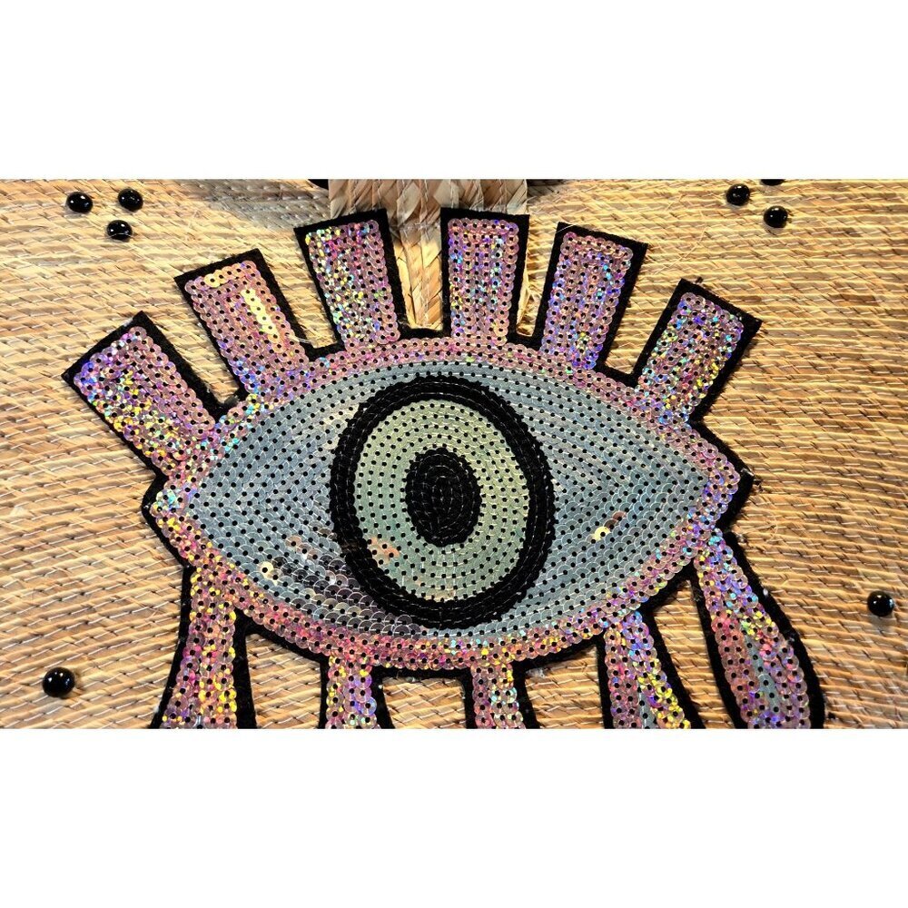 Vintage Handcrafted Straw "Evil Eye" Purple Sequin Beach Tote Purs - Picture 4 of 16